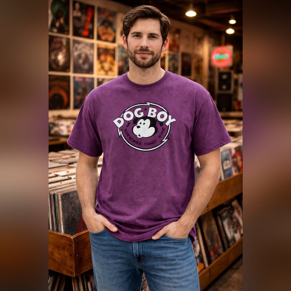 VINTAGE DOG‎ BOY RECORDS THAT BITE Plum Purple Mens Size XL 100% cotton